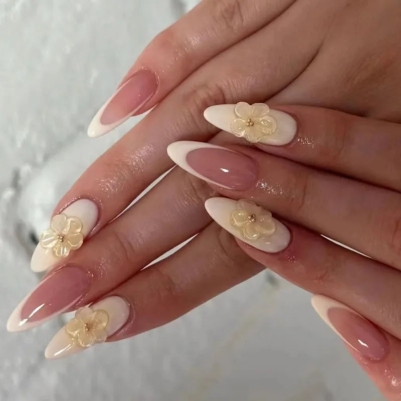 French Almond Press-On Nails with 3D Flower & Stars