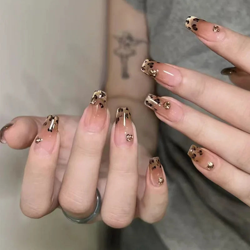 Cat Eye Leopard Ballet Press-On Nails with Rhinestones