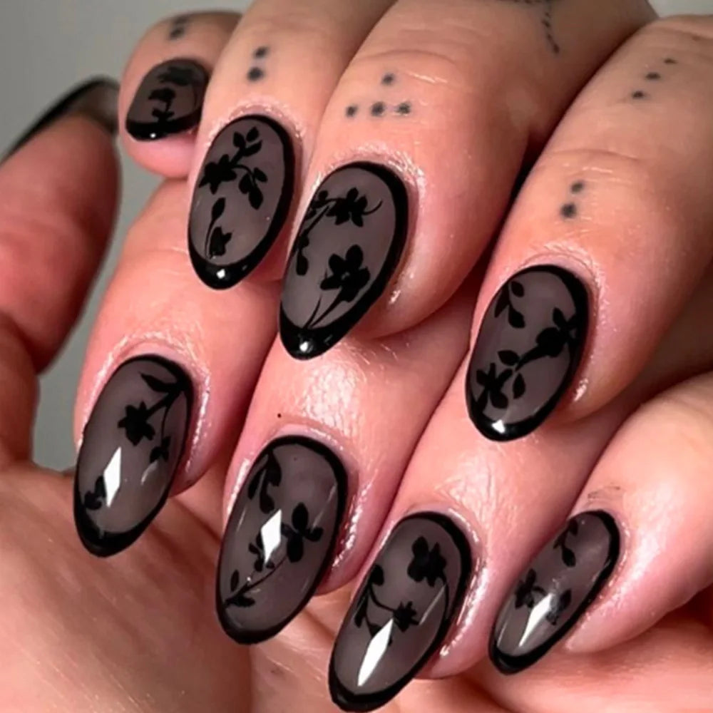 Black Floral Almond Press-On Nails
