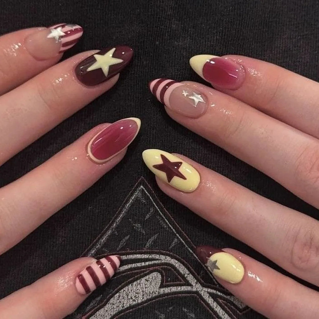 Short Red Star Almond Press-On Nails