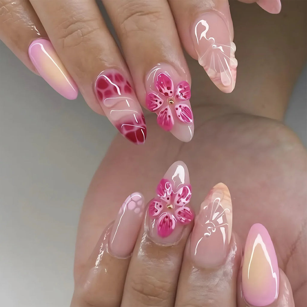 French Almond Press-On Nails with 3D Flower & Stars