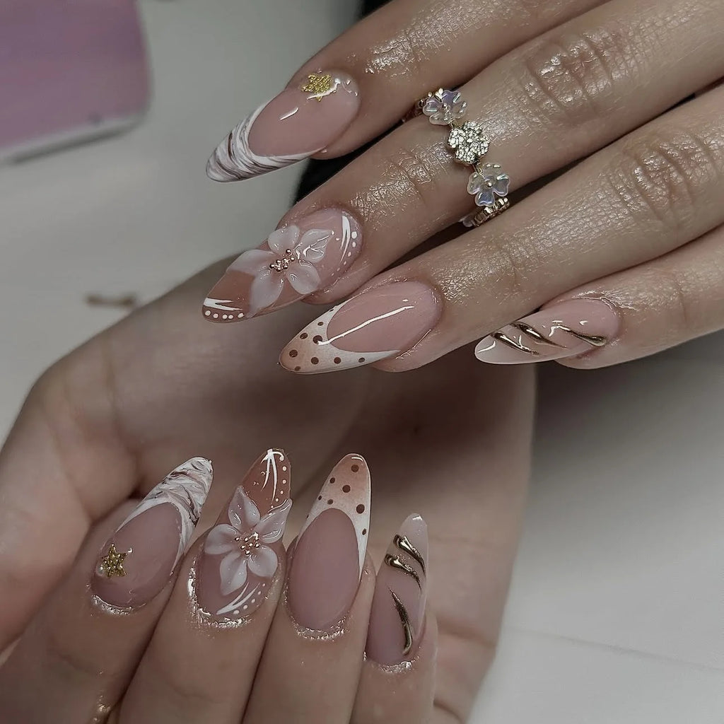 French Almond Press-On Nails with 3D Flower & Stars