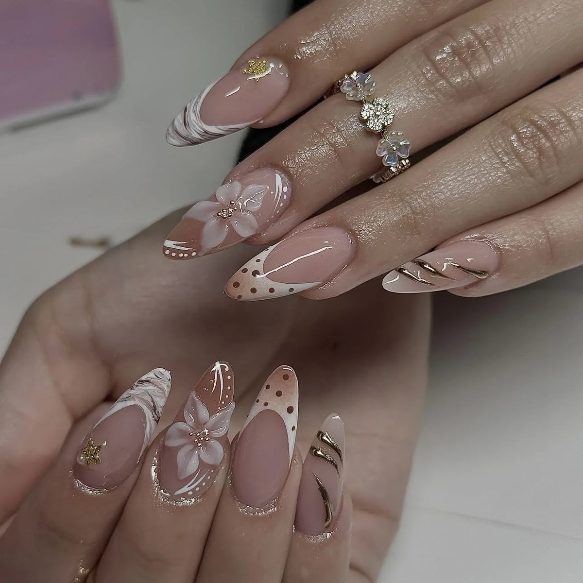 French Almond Press-On Nails with 3D Flower & Stars