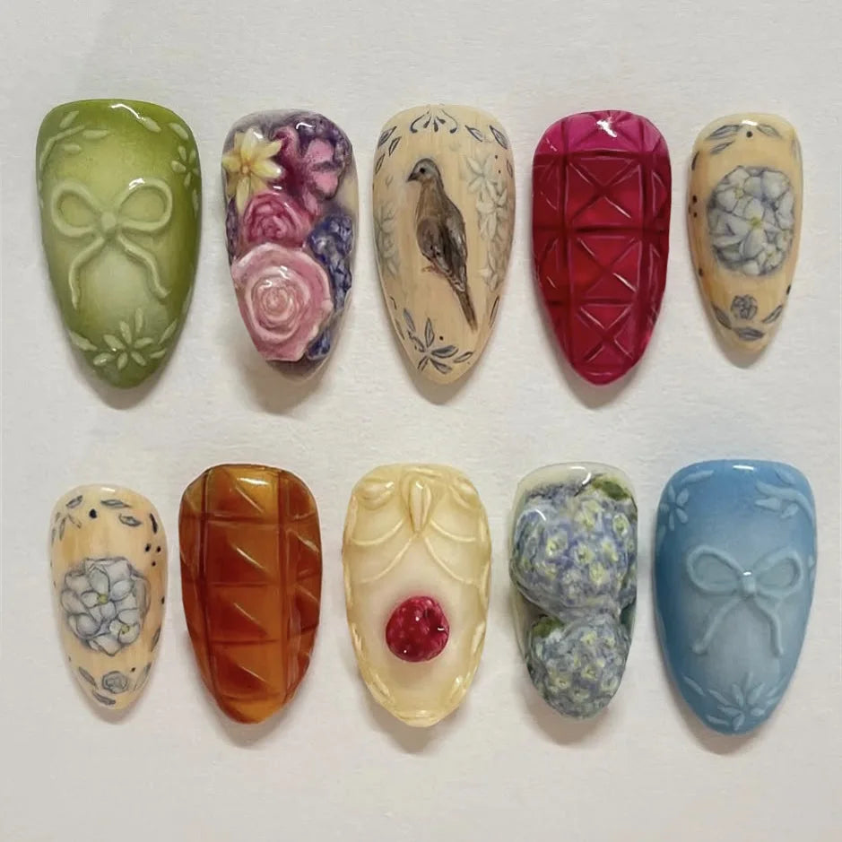 Wine Red Smudge Flower Almond Press-On Nails