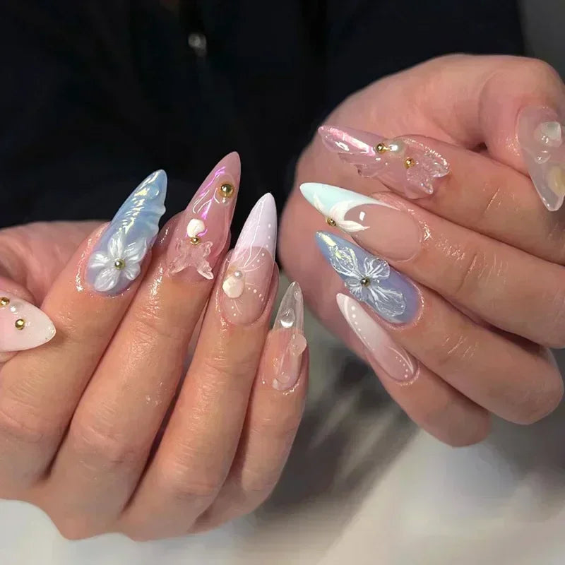 Amber Brown Almond Press-On Nails with Rhinestones & Pearls