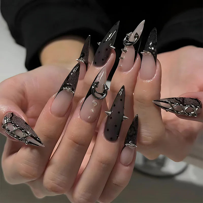 Black Gradient Stiletto Press-On Nails with Silver Lines