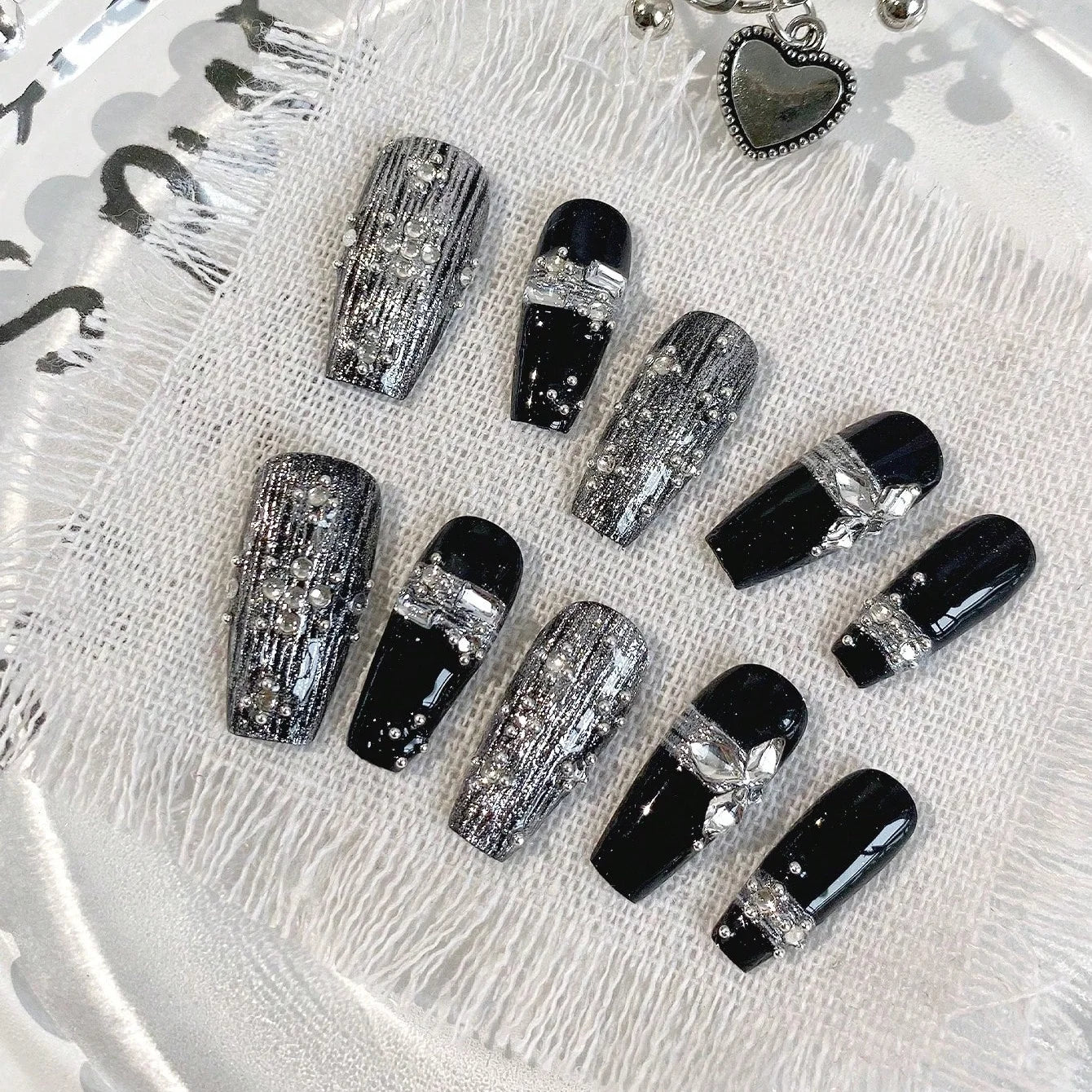 Silver Veil – Striped Coffin Press-On Nails