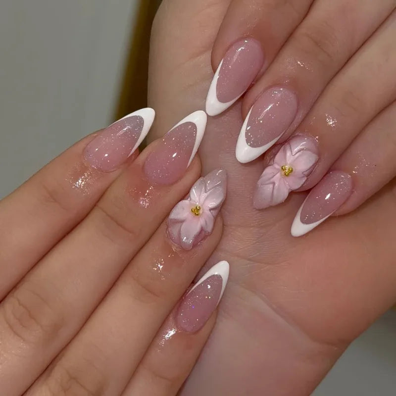 French Almond Press-On Nails with 3D Flower & Stars