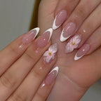 French Almond Press-On Nails with 3D Flower & Stars