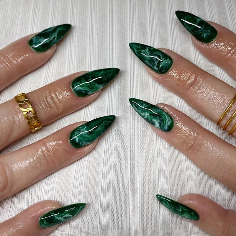 Short Green Smudge Almond Press-On Nails