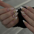 Long White French Stiletto Press-On Nails with Flowers