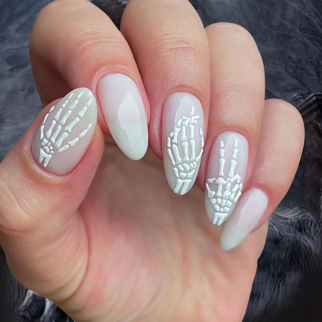 Dark Halloween Press-On Nails with Pumpkin & Skeleton Art