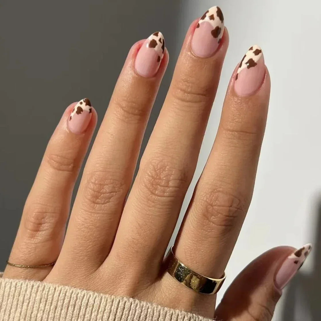 Leopard Print Almond Press-On Nails with Cherry & Star Charms
