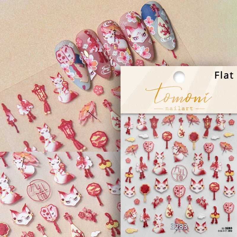 Nine-Tailed Fox Red Flower Nail Art Stickers