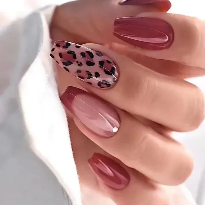 Leopard Print Almond Press-On Nails with Cherry & Star Charms