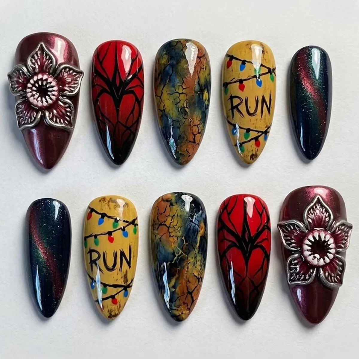 Halloween Blood French Almond Press-On Nails with Spider Web