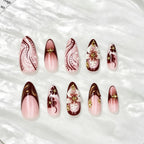 Gradient Brown Floral Almond Press-On Nails with Rhinestones