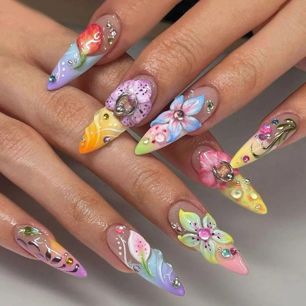 Colorful Flower Stiletto Press-On Nails