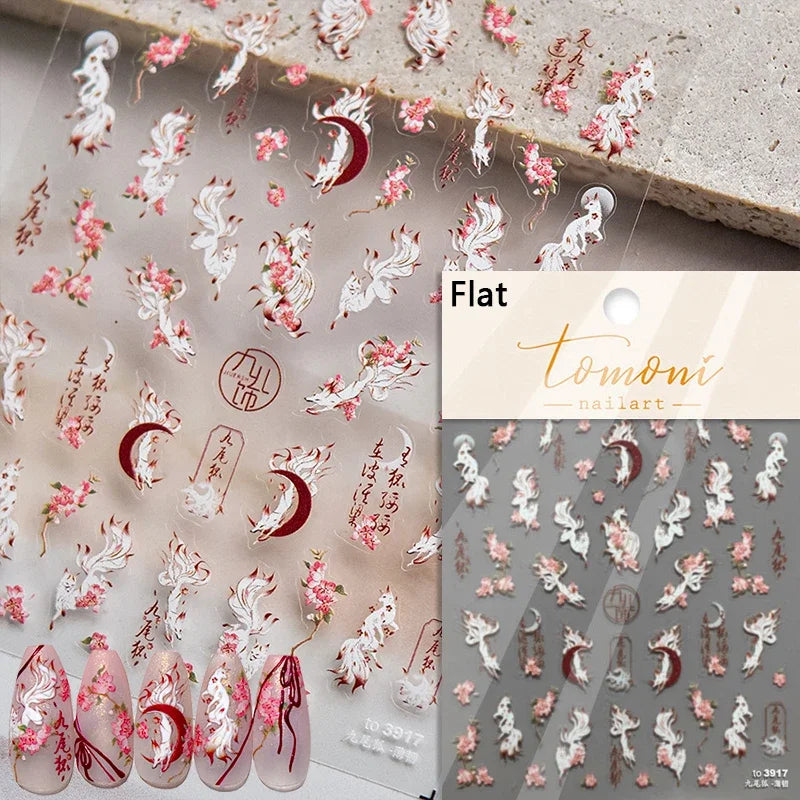 Nine-Tailed Fox Red Flower Nail Art Stickers