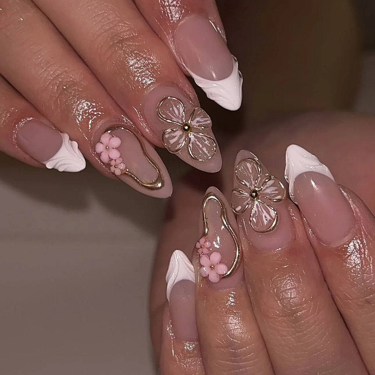 French Almond Press-On Nails with 3D Flower & Stars