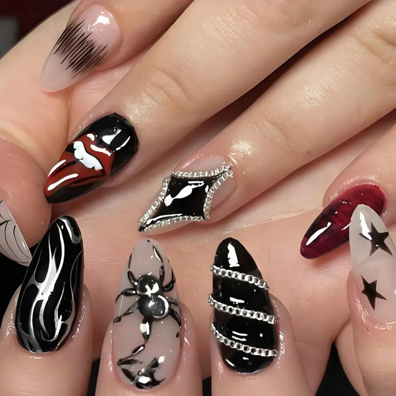 Silver Spider Gothic Punk Almond Press-On Nails