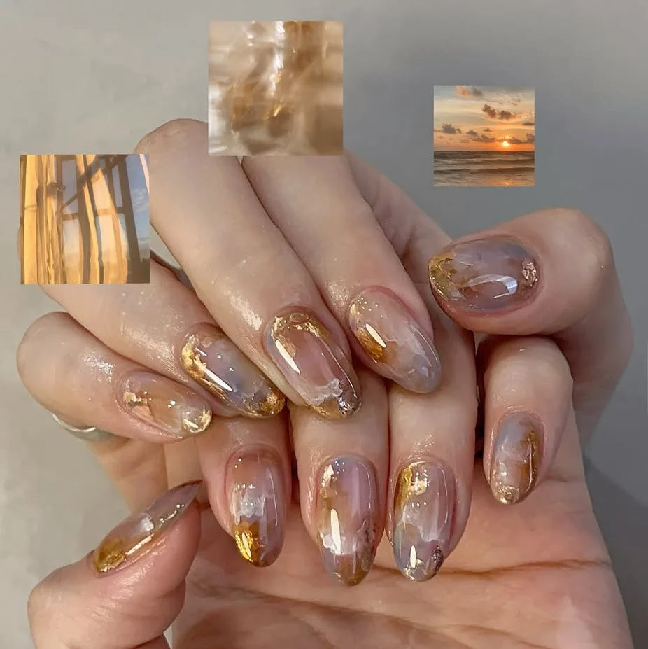 Short Green Smudge Almond Press-On Nails