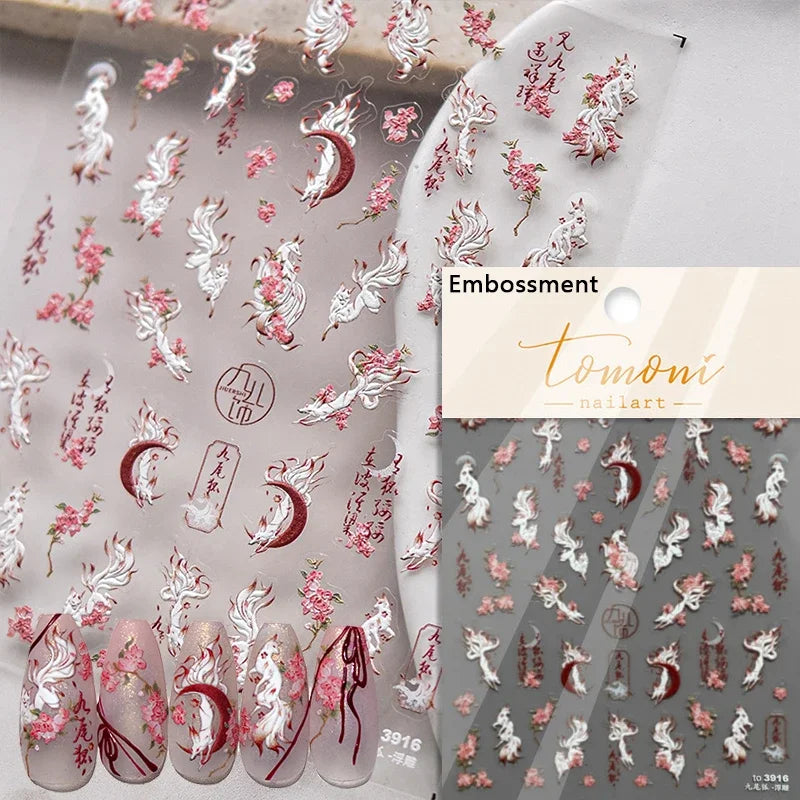 Nine-Tailed Fox Red Flower Nail Art Stickers