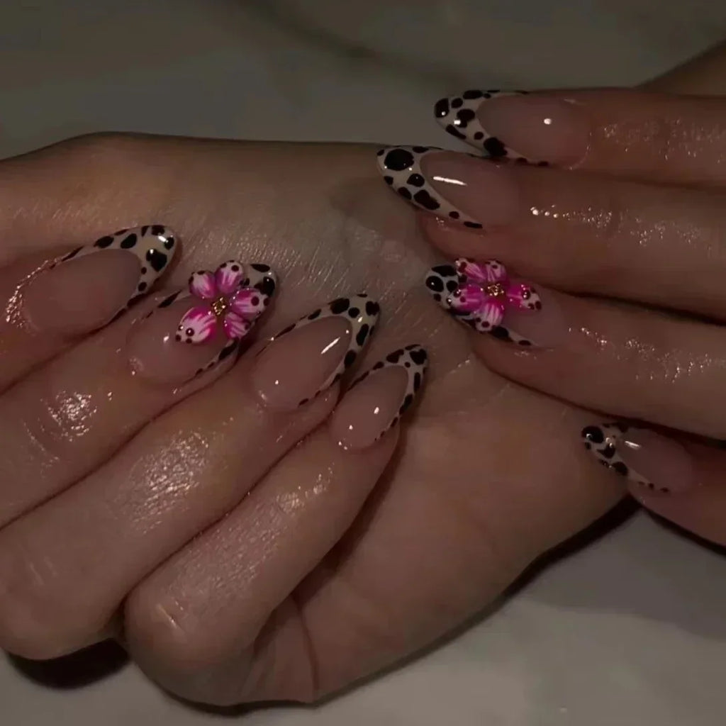 Leopard Print Almond Press-On Nails with Cherry & Star Charms