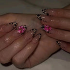 Leopard Print Almond Press-On Nails with Cherry & Star Charms