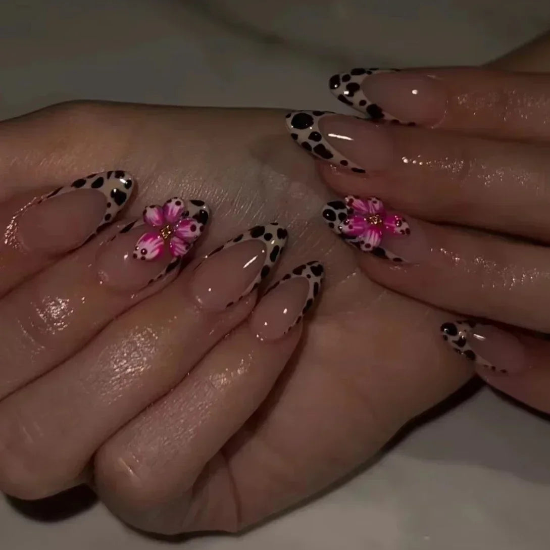 Leopard Print Almond Press-On Nails with Cherry & Star Charms