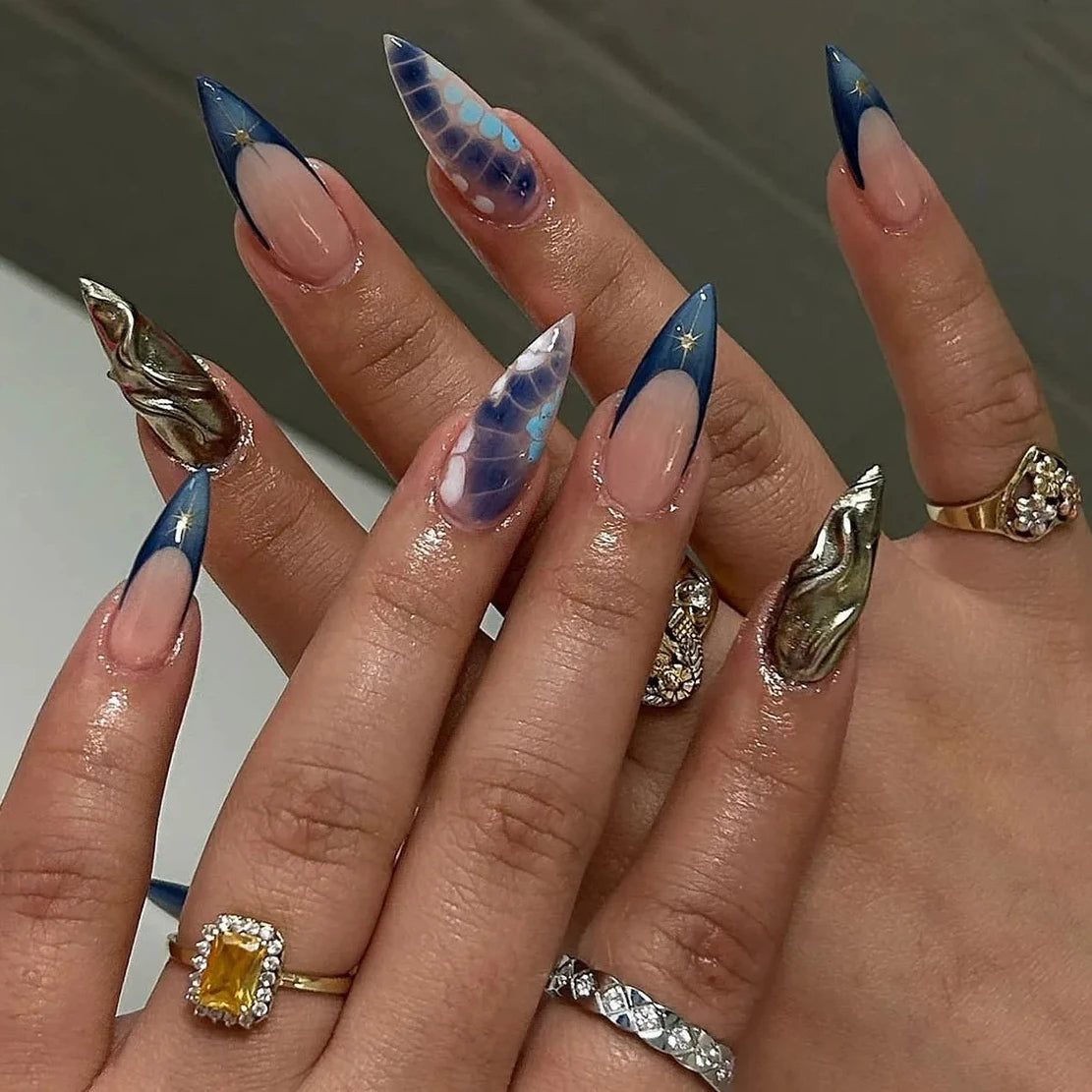 Punk Metallic Stiletto Press-On Nails with Stars