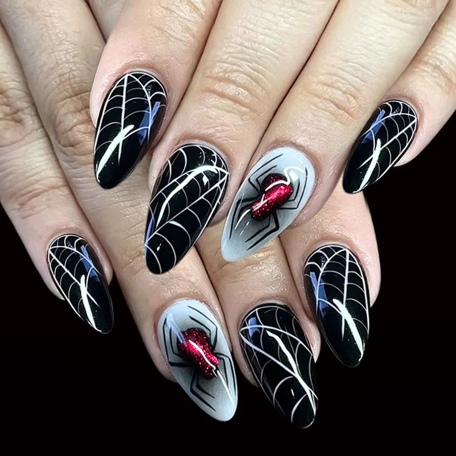 Halloween Blood French Almond Press-On Nails with Spider Web