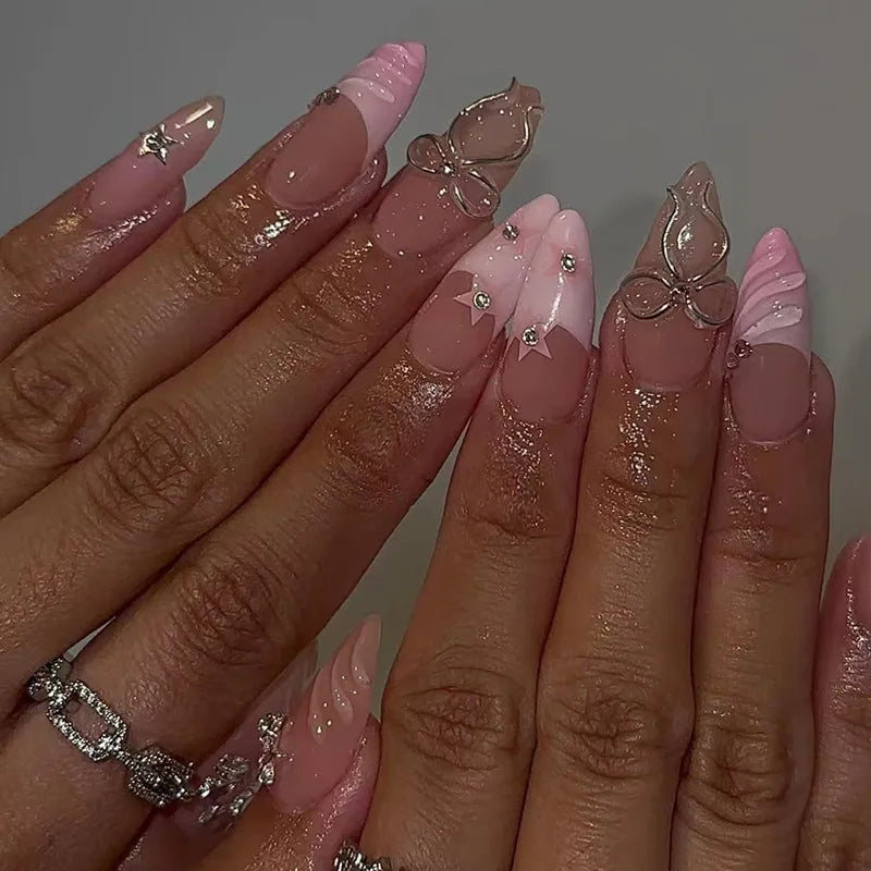 French Almond Press-On Nails with 3D Flower & Stars