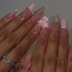 French Almond Press-On Nails with 3D Flower & Stars