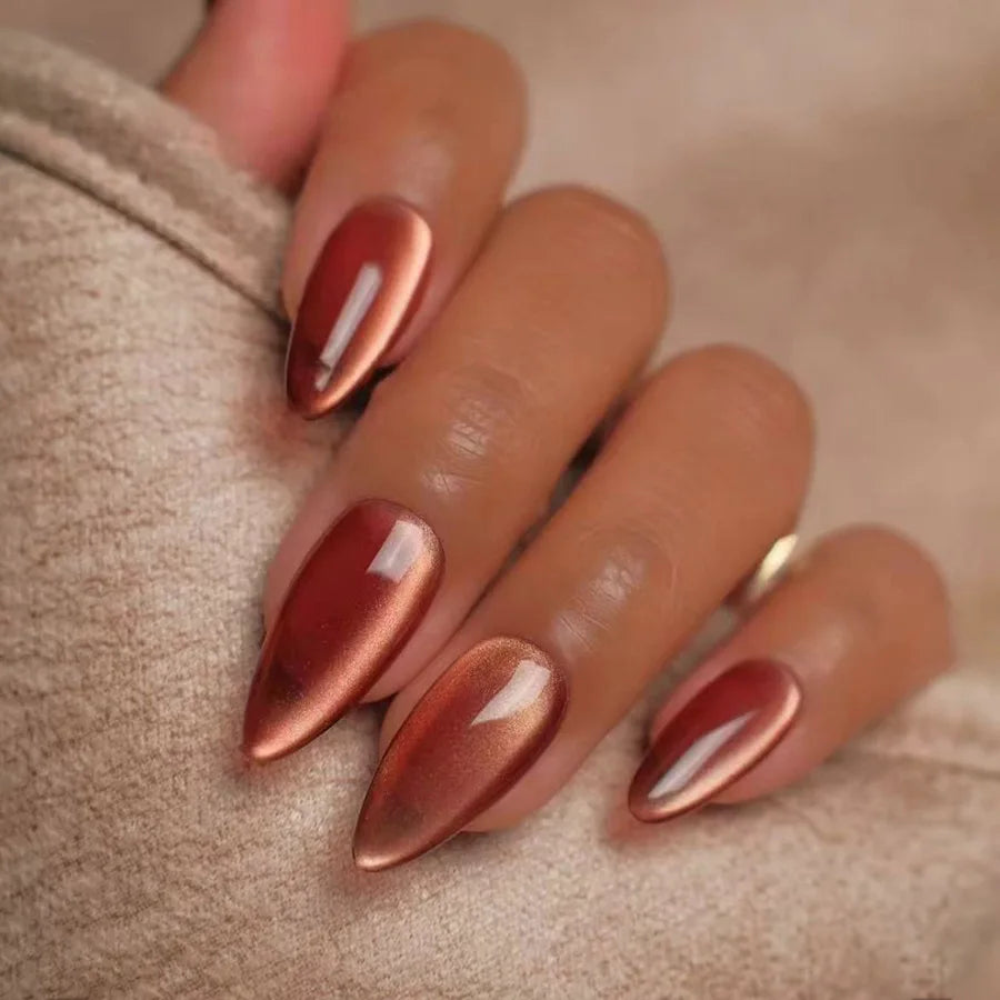 Autumn Orange Cat Eye Almond Press-On Nails