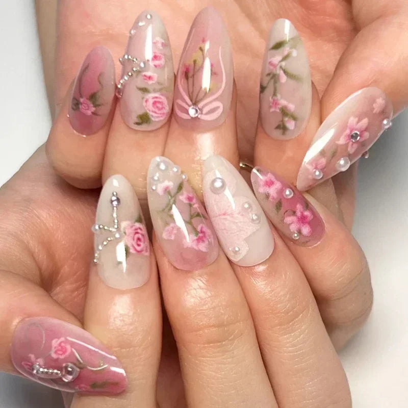 Amber Brown Almond Press-On Nails with Rhinestones & Pearls