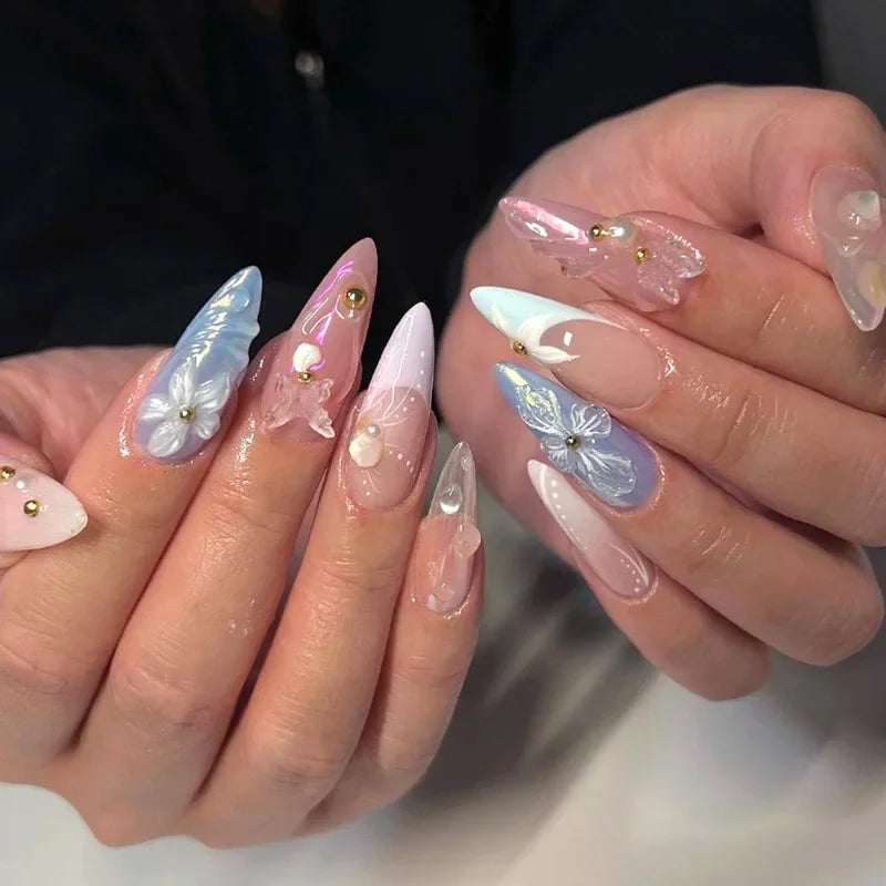 Summer Blue Water Ripple French Almond Press-On Nails