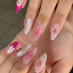 French Almond Press-On Nails with 3D Flower & Stars
