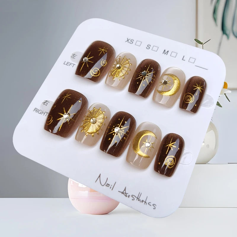 Brown Cat Eye Press-On Nails with Rhinestones