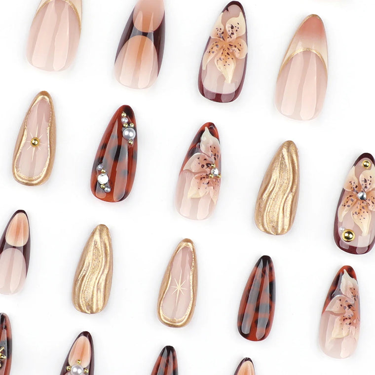 Gold Ripple Brown Floral Almond Press-On Nails — detail