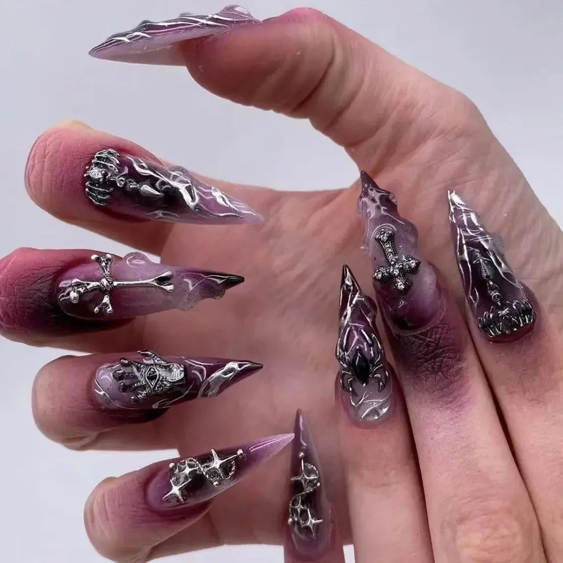 Halloween Spider Skull Press-On Nails - Purple Y2K Style