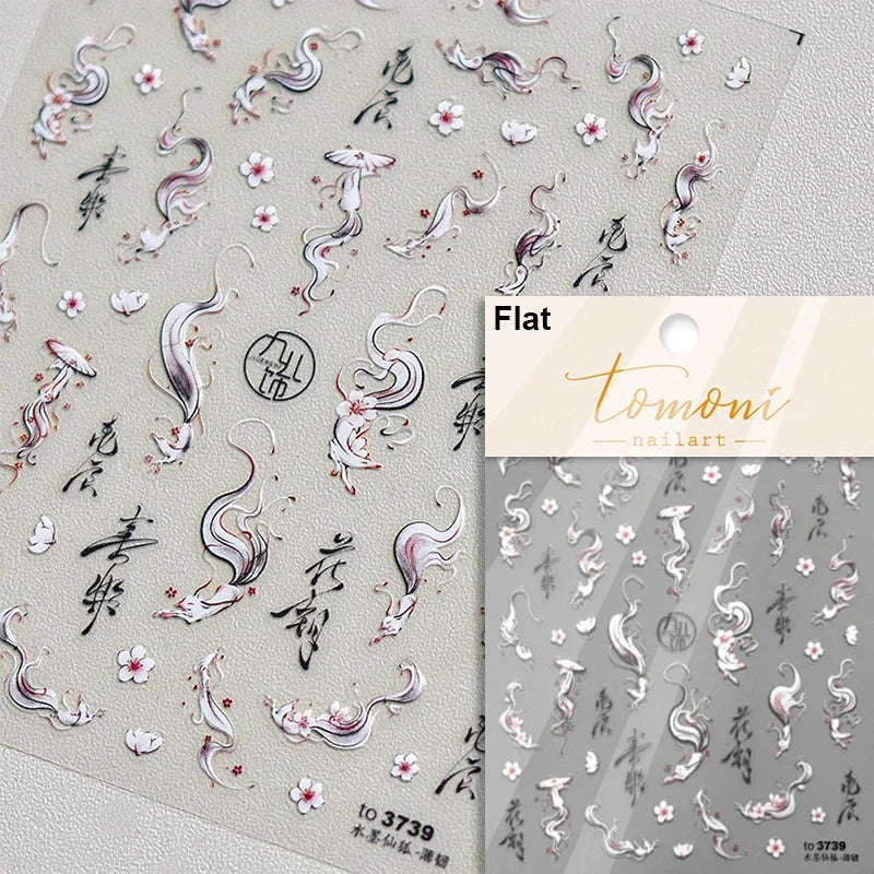 Nine-Tailed Fox Red Flower Nail Art Stickers