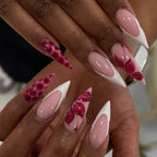 Long White French Stiletto Press-On Nails with Flowers