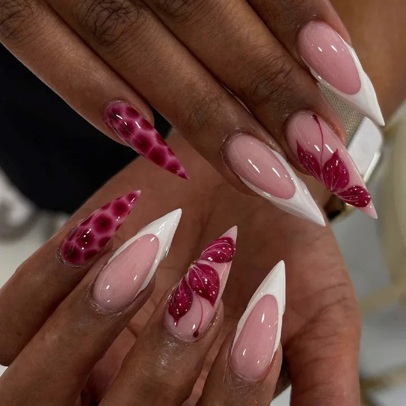 Long White French Stiletto Press-On Nails with Flowers