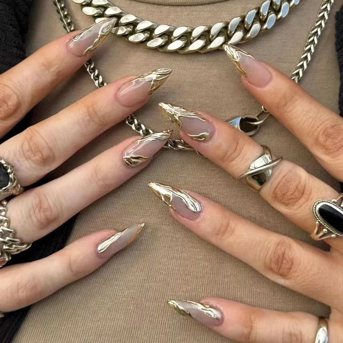 Punk Metallic Stiletto Press-On Nails with Stars