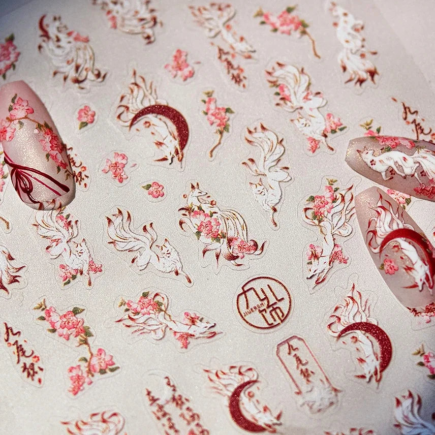 Nine-Tailed Fox Red Flower Nail Art Stickers