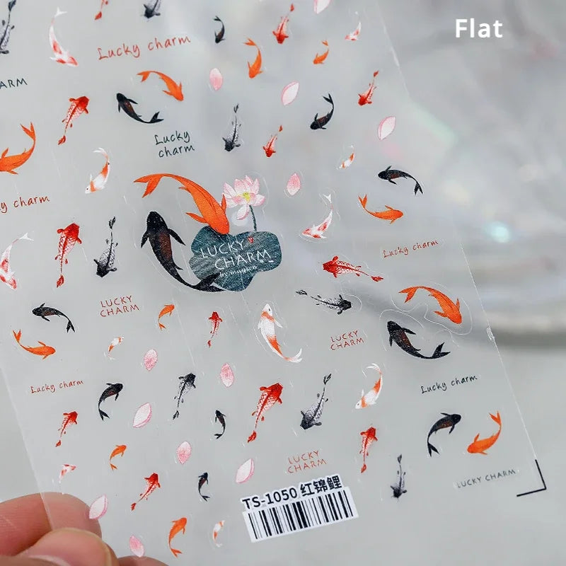 Cute Koi & Lotus Nail Art Stickers - Mermaid Sea Decals