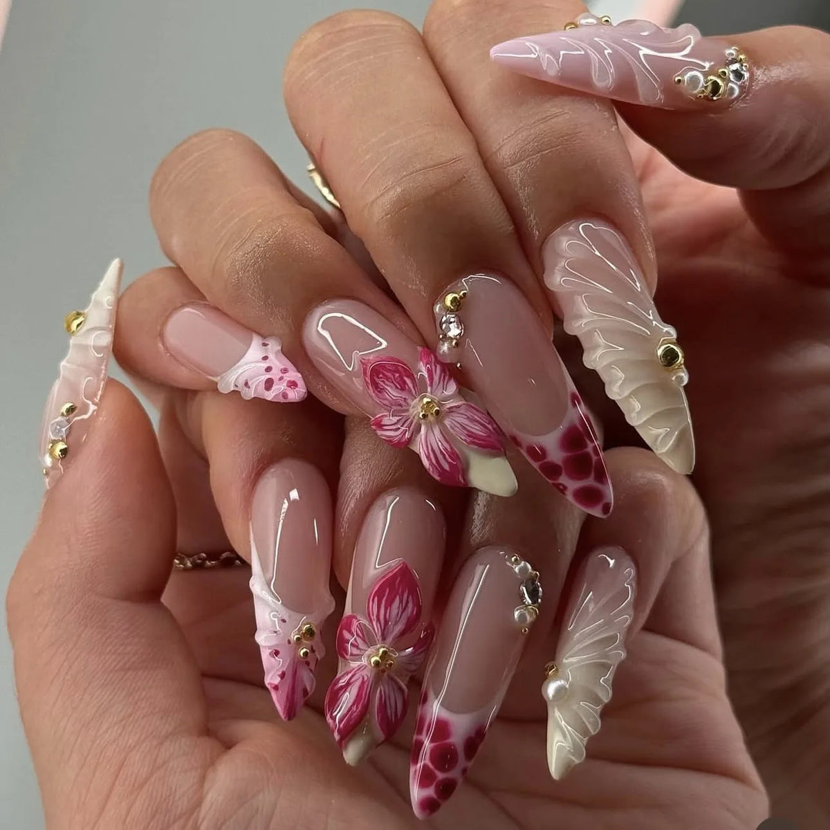 Long White French Stiletto Press-On Nails with Flowers