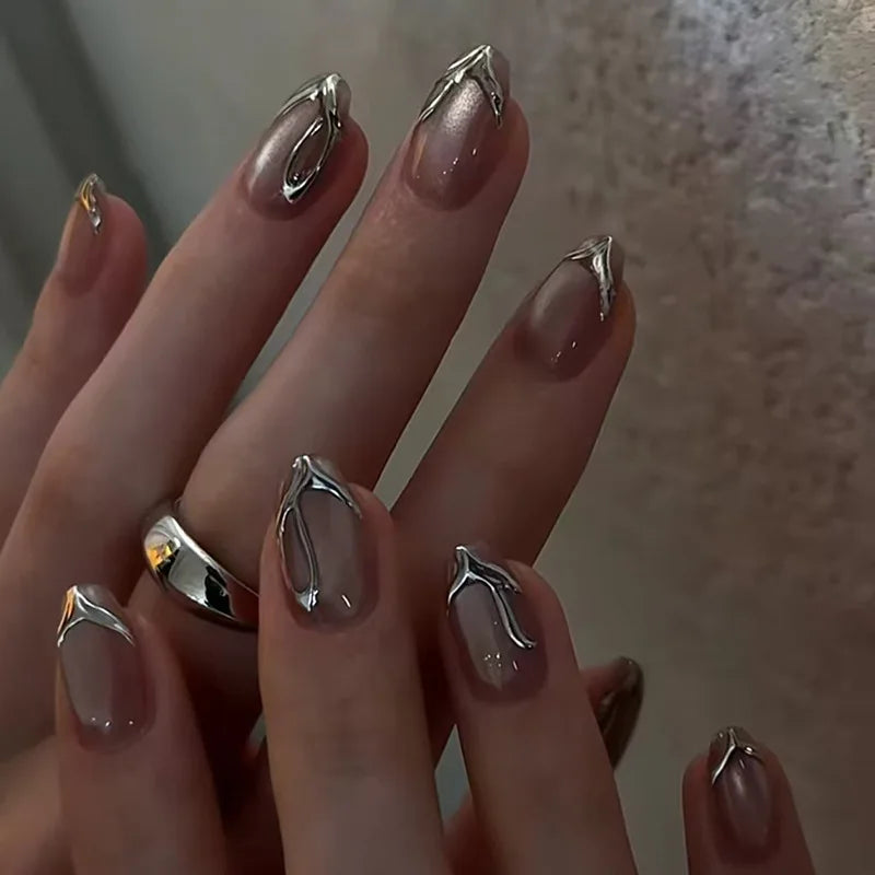 3D Silver French Almond Press-On Nails