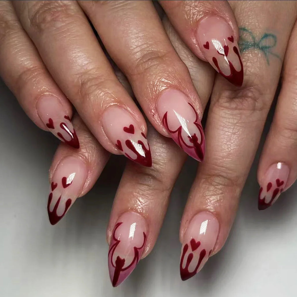 Halloween Blood French Almond Press-On Nails with Spider Web